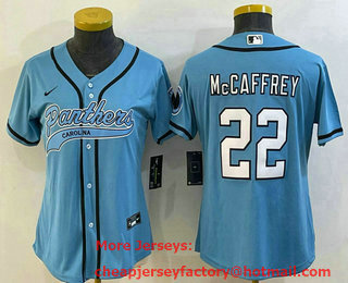 Women's Carolina Panthers #22 Christian McCaffrey Blue With Patch Cool Base Stitched Baseball Jersey