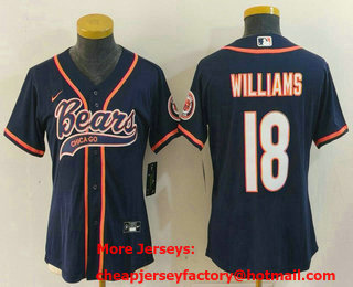 Women's Chicago Bears #18 Caleb Williams Navy With Patch Cool Base Stitched Baseball Jersey