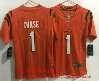 Women's Cincinnati Bengals #1 Ja'Marr Chase NEW Orange 2021 Vapor Untouchable Stitched NFL Nike Limited Jersey