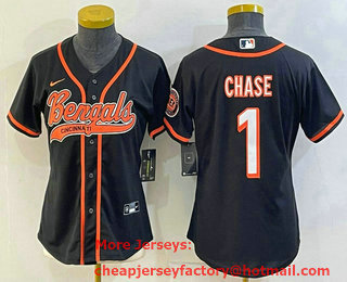 Women's Cincinnati Bengals #1 JaMarr Chase Black With Patch Cool Base Stitched Baseball Jersey