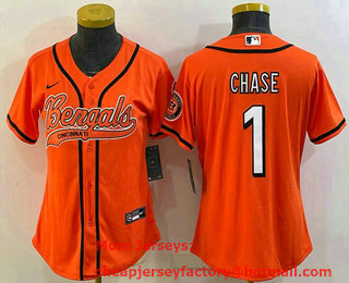 Women's Cincinnati Bengals #1 JaMarr Chase Orange With Patch Cool Base Stitched Baseball Jersey