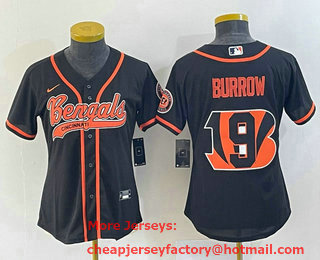 Women's Cincinnati Bengals #9 Joe Burrow Black Team Big Logo With Patch Cool Base Stitched Baseball Jersey