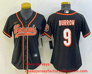 Women's Cincinnati Bengals #9 Joe Burrow Black With Patch Cool Base Stitched Baseball Jersey