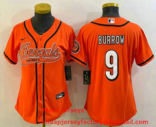 Women's Cincinnati Bengals #9 Joe Burrow Orange With Patch Cool Base Stitched Baseball Jersey