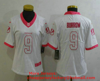 Women's Cincinnati Bengals #9 Joe Burrow White Pink 2016 Color Rush Fashion NFL Nike Limited Jersey