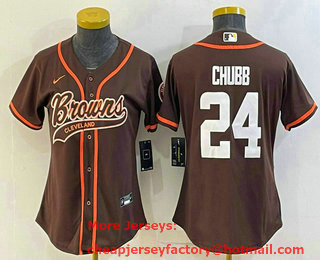 Women's Cleveland Browns #24 Nick Chubb Brown With Patch Cool Base Stitched Baseball Jersey