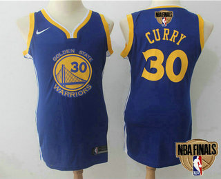 Women's Golden State Warriors #30 Stephen Curry Blue 2018 The NBA Finals Patch Nike NBA Dress Jersey