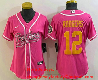 Women's Green Bay Packers #12 Aaron Rodgers Pink Gold With Patch Cool Base Stitched Baseball Jersey