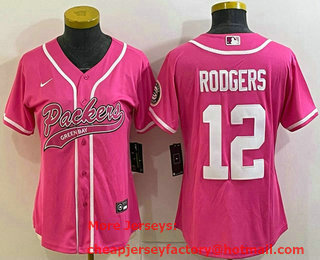 Women's Green Bay Packers #12 Aaron Rodgers Pink With Patch Cool Base Stitched Baseball Jersey