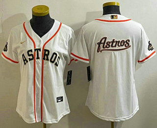 Women's Houston Astros Big Logo 2023 White Gold World Serise Champions Patch Cool Base Stitched Jersey 02