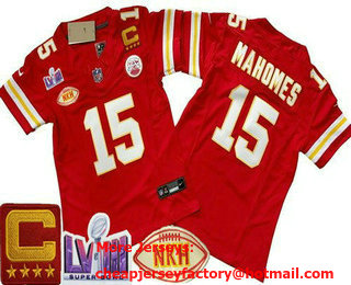 Women's Kansas City Chiefs #15 Patrick Mahomes Limited Red NKH C Patch LVIII Super Bowl FUSE Vapor Jersey