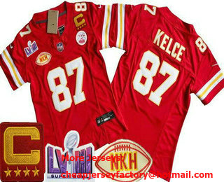 Women's Kansas City Chiefs #87 Travis Kelce Limited Red NKH C Patch LVIII Super Bowl FUSE Vapor Jersey