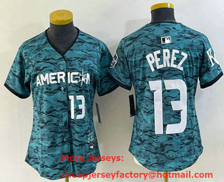 Women's Kansas City Royals #13 Salvador Perez Teal 2023 All Star Cool Base With Patch Stitched Baseball Jersey
