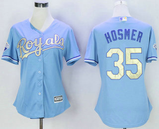 Women's Kansas City Royals #35 Eric Hosmer Light Blue 2015 World Series Champions Gold Program Cool Base Jersey