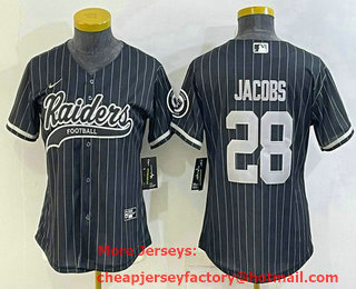 Women's Las Vegas Raiders #28 Josh Jacobs Black Team Big Logo With Patch Cool Base Stitched Baseball Jersey