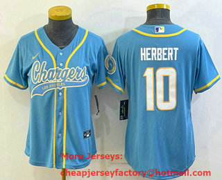 Women's Los Angeles Chargers #10 Justin Herbert Blue With Patch Cool Base Stitched Baseball Jersey