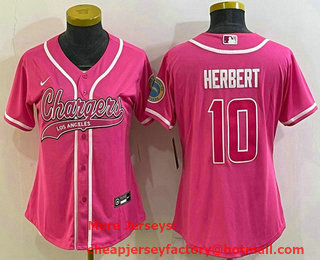 Women's Los Angeles Chargers #10 Justin Herbert Pink With Patch Cool Base Stitched Baseball Jersey