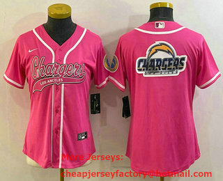 Women's Los Angeles Chargers Pink Team Big Logo With Patch Cool Base Stitched Baseball Jersey