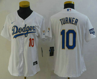 Women's Los Angeles Dodgers #10 Justin Turner Red Number White Gold Championship Stitched MLB Cool Base Nike Jersey