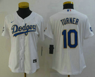 Women's Los Angeles Dodgers #10 Justin Turner White Gold Championship Stitched MLB Cool Base Nike Jersey