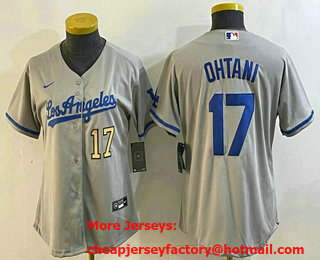 Women's Los Angeles Dodgers #17 Shohei Ohtani Number Grey With Los Cool Base Stitched Jersey 13