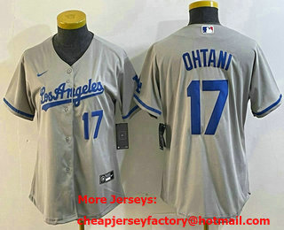 Women's Los Angeles Dodgers #17 Shohei Ohtani Number Grey With Los Cool Base Stitched Jersey 14