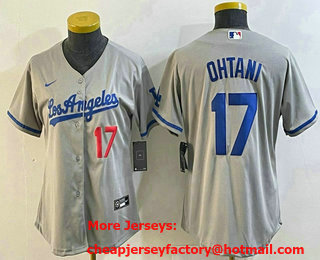 Women's Los Angeles Dodgers #17 Shohei Ohtani Number Grey With Los Cool Base Stitched Jersey