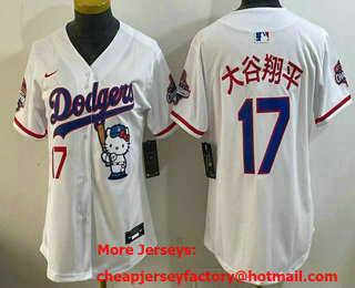 Women's Los Angeles Dodgers #17 Shohei Ohtani White Japanese Hello Kitty 2025 World Series Champions Limited Jersey