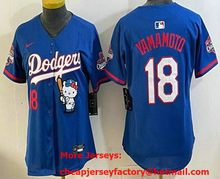 Women's Los Angeles Dodgers #18 Yoshinobu Yamamoto Blue Hello Kitty 2025 World Series Champions Limited Jersey