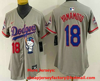Women's Los Angeles Dodgers #18 Yoshinobu Yamamoto Grey Hello Kitty 2025 World Series Champions Limited Jersey