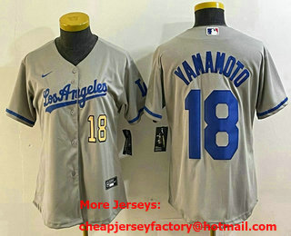 Women's Los Angeles Dodgers #18 Yoshinobu Yamamoto Number Grey With Los Cool Base Stitched Jersey 14