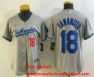 Women's Los Angeles Dodgers #18 Yoshinobu Yamamoto Number Grey With Los Cool Base Stitched Jersey
