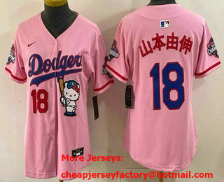 Women's Los Angeles Dodgers #18 Yoshinobu Yamamoto Pink Japanese Hello Kitty 2025 World Series Champions Limited Jersey