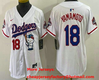 Women's Los Angeles Dodgers #18 Yoshinobu Yamamoto White Hello Kitty 2025 World Series Champions Limited Jersey