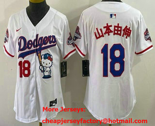 Women's Los Angeles Dodgers #18 Yoshinobu Yamamoto White Japanese Hello Kitty 2025 World Series Champions Limited Jersey