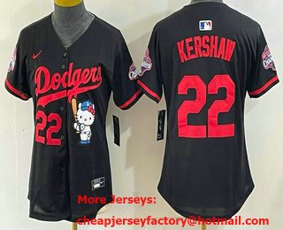 Women's Los Angeles Dodgers #22 Clayton Kershaw Black Hello Kitty 2025 World Series Champions Limited Jersey