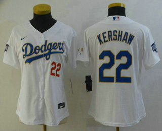 Women's Los Angeles Dodgers #22 Clayton Kershaw Red Number White Gold Championship Stitched MLB Cool Base Nike Jersey