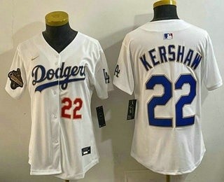 Women's Los Angeles Dodgers #22 Clayton Kershaw White 2025 World Series Champions Patch Limited Stitched Jersey