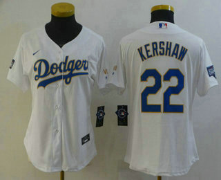 Women's Los Angeles Dodgers #22 Clayton Kershaw White Gold Championship Stitched MLB Cool Base Nike Jersey