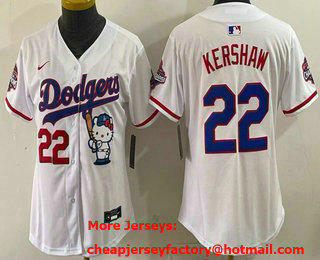 Women's Los Angeles Dodgers #22 Clayton Kershaw White Hello Kitty 2025 World Series Champions Limited Jersey