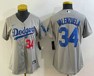 Women's Los Angeles Dodgers #34 Fernando Valenzuela Number Grey Stitched Cool Base Nike Jersey