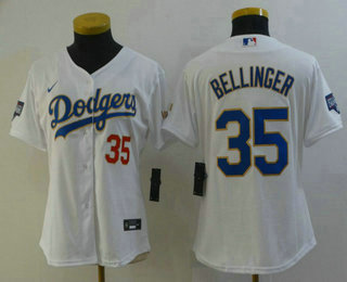 Women's Los Angeles Dodgers #35 Cody Bellinger Red Number White Gold Championship Stitched MLB Cool Base Nike Jersey