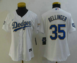 Women's Los Angeles Dodgers #35 Cody Bellinger White Gold Championship Stitched MLB Cool Base Nike Jersey