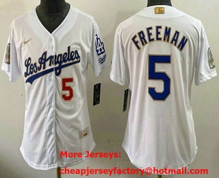 Women's Los Angeles Dodgers #5 Freddie Freeman  White Gold 9x B2B Champs Collection Limited Jersey