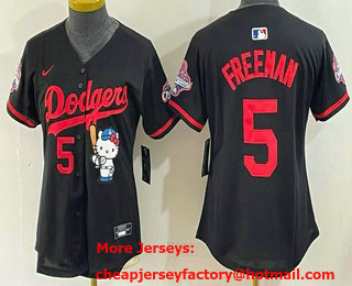 Women's Los Angeles Dodgers #5 Freddie Freeman Black Hello Kitty 2025 World Series Champions Limited Jersey