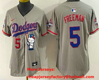 Women's Los Angeles Dodgers #5 Freddie Freeman Grey Hello Kitty 2025 World Series Champions Limited Jersey