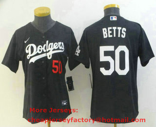 Women's Los Angeles Dodgers #50 Mookie Betts Black With Red Number Stitched MLB Cool Base Nike Jersey