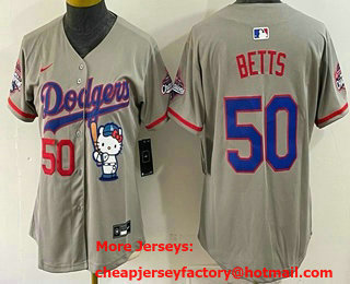 Women's Los Angeles Dodgers #50 Mookie Betts Grey Hello Kitty 2025 World Series Champions Limited Jersey
