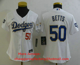 Women's Los Angeles Dodgers #50 Mookie Betts Red Number White Gold Championship Stitched MLB Cool Base Nike Jersey