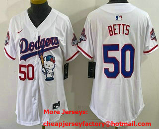 Women's Los Angeles Dodgers #50 Mookie Betts White Hello Kitty 2025 World Series Champions Limited Jersey